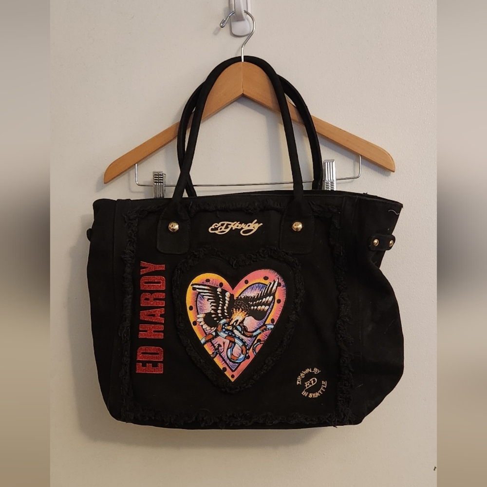 Ed Hardy Black Tote Bag with Heart Design